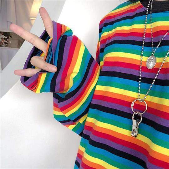 Cute girl rainbow stripes loose wild long-sleeved T-shirt