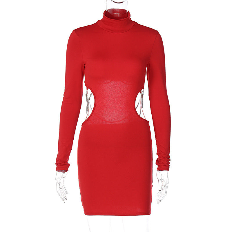 Ladies New Backless Chain Long Sleeve Dress