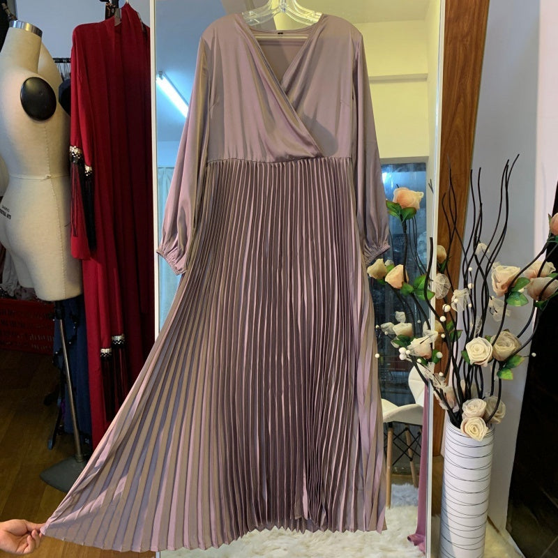 New Fashion V-Neck Stitching Pleated Big Swing Slim Dress