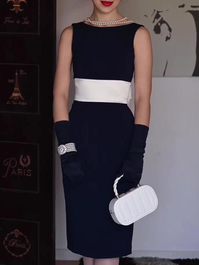 Black And White Contrast Bow Sleeveless Dress