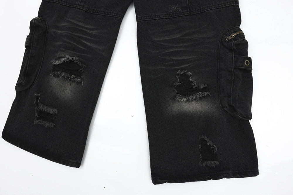 Washed Hole Denim Overalls Men