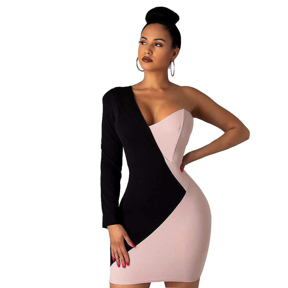 Stitching Contrast Color Asymmetric Long Sleeve Slim Fit Sexy Dress