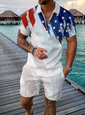 Men's Summer Fashion 3D Printed Short Sleeve Geometric Zip Lapel Shirt Set