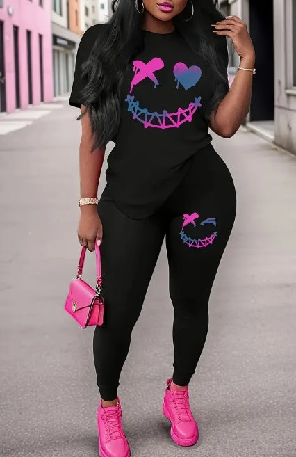 Women's Printed Round Neck T-Shirt And Leggings Set