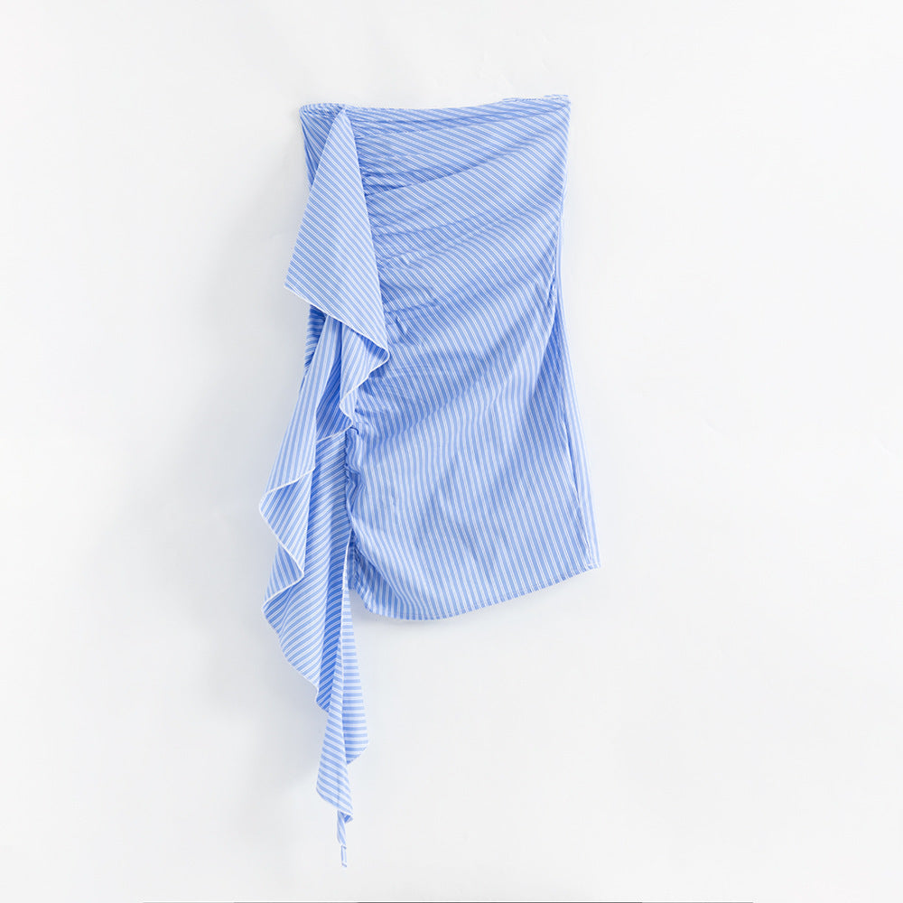 Striped Ruffled Ribbon Ruffle Hip Short Skirt