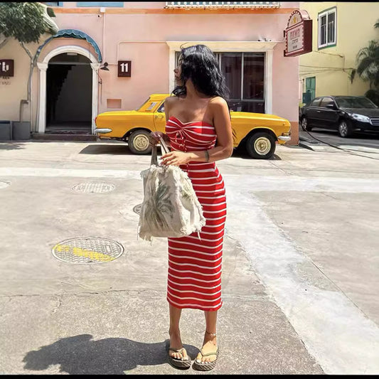 Striped Chest Wrap Hollow Sheath Pencil Dress