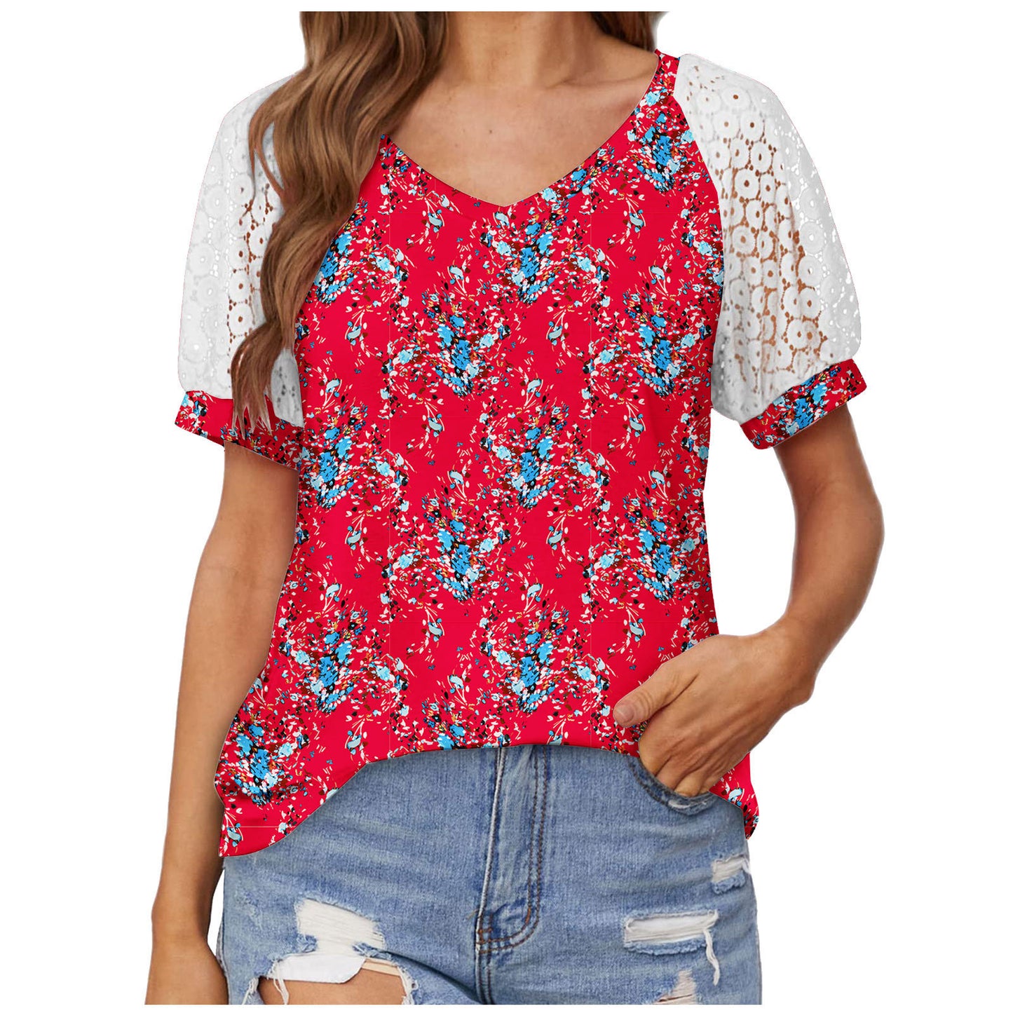 V-neck Lace Stitching Casual T-shirt For Women