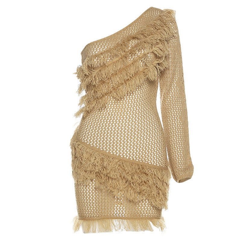 New Women's Slanted Shoulder Single Sleeve Fringed Knitted Dress