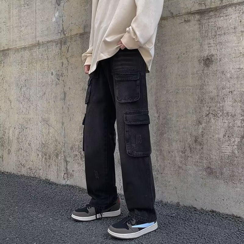 Cargo Jeans Men's Distressed Straight Loose Pants
