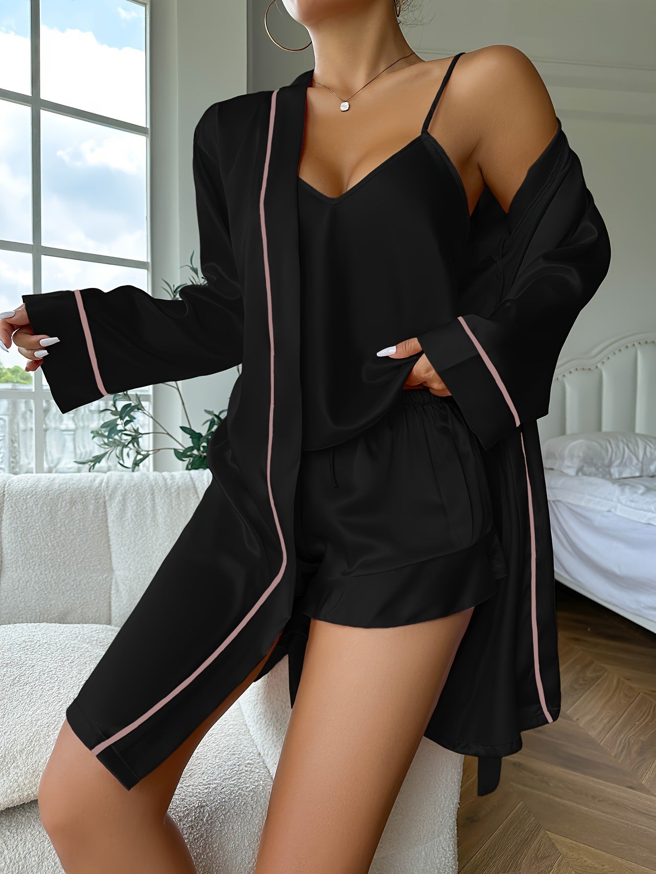 Ice Silk Sling Shorts Nightgown Three-piece Set