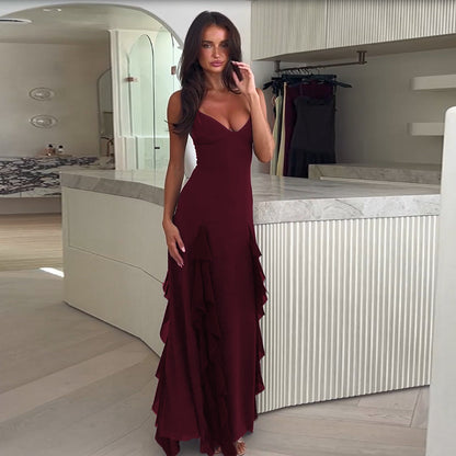 Strap Temperament V-neck Holiday Split Ruffled Dress