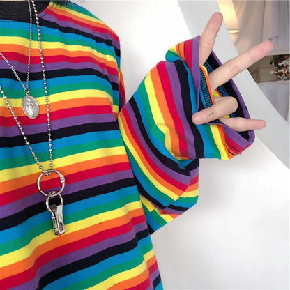 Cute girl rainbow stripes loose wild long-sleeved T-shirt