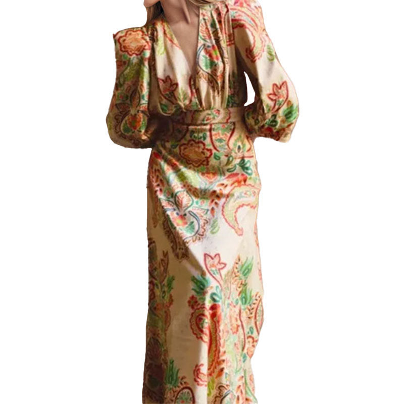 Ethnic Style V-neck Long Sleeve Tight Waist Slimming Sense Of Design A- Line Dress Women