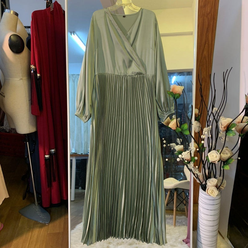 New Fashion V-Neck Stitching Pleated Big Swing Slim Dress