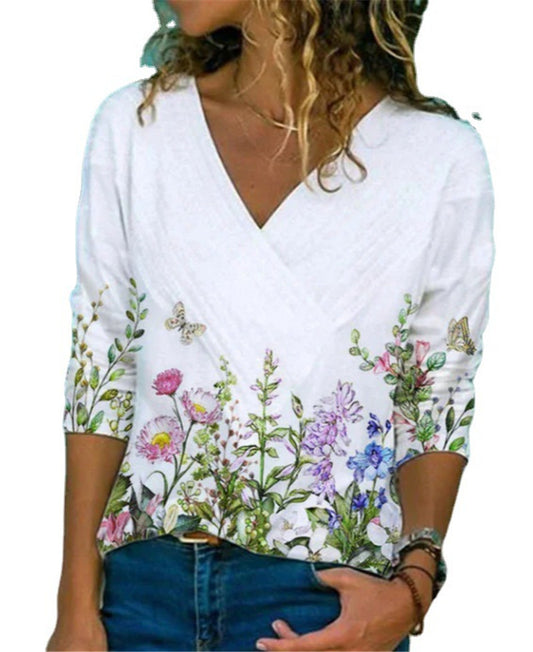 V-neck Printed Long-sleeved Commuter T-shirt