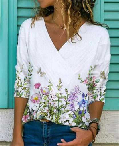 V-neck Printed Long-sleeved Commuter T-shirt