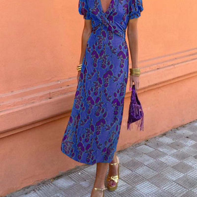 Summer V-neck Short-sleeved Dress Fashion Flowers Printed Slim Beach Dresses For Women Clothing