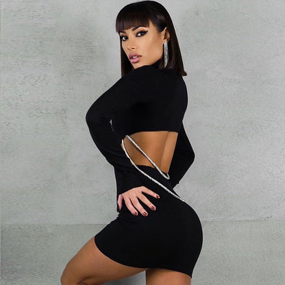 Ladies New Backless Chain Long Sleeve Dress
