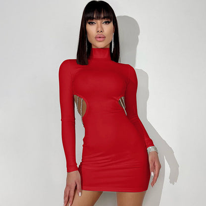 Ladies New Backless Chain Long Sleeve Dress