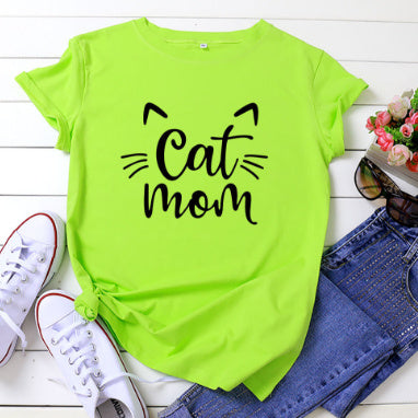 CAT MOM Printed Short-sleeved Cotton T-shirt