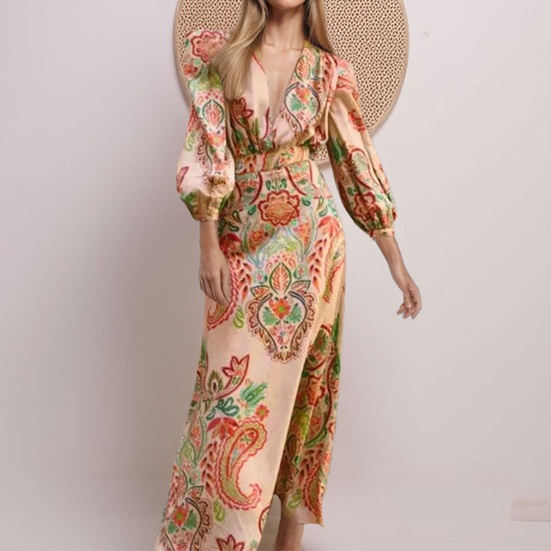 Ethnic Style V-neck Long Sleeve Tight Waist Slimming Sense Of Design A- Line Dress Women