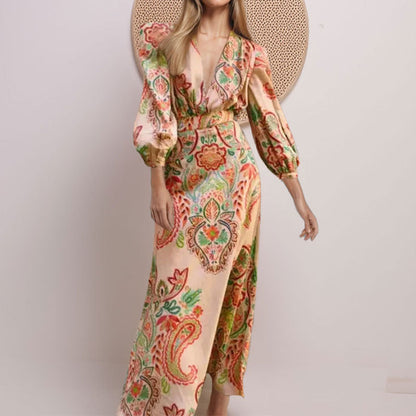 Ethnic Style V-neck Long Sleeve Tight Waist Slimming Sense Of Design A- Line Dress Women