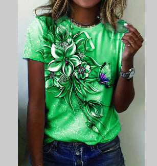 Pattern Round Neck T-shirt Leisure Short Sleeve