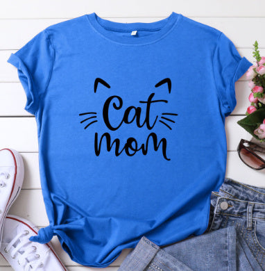 CAT MOM Printed Short-sleeved Cotton T-shirt