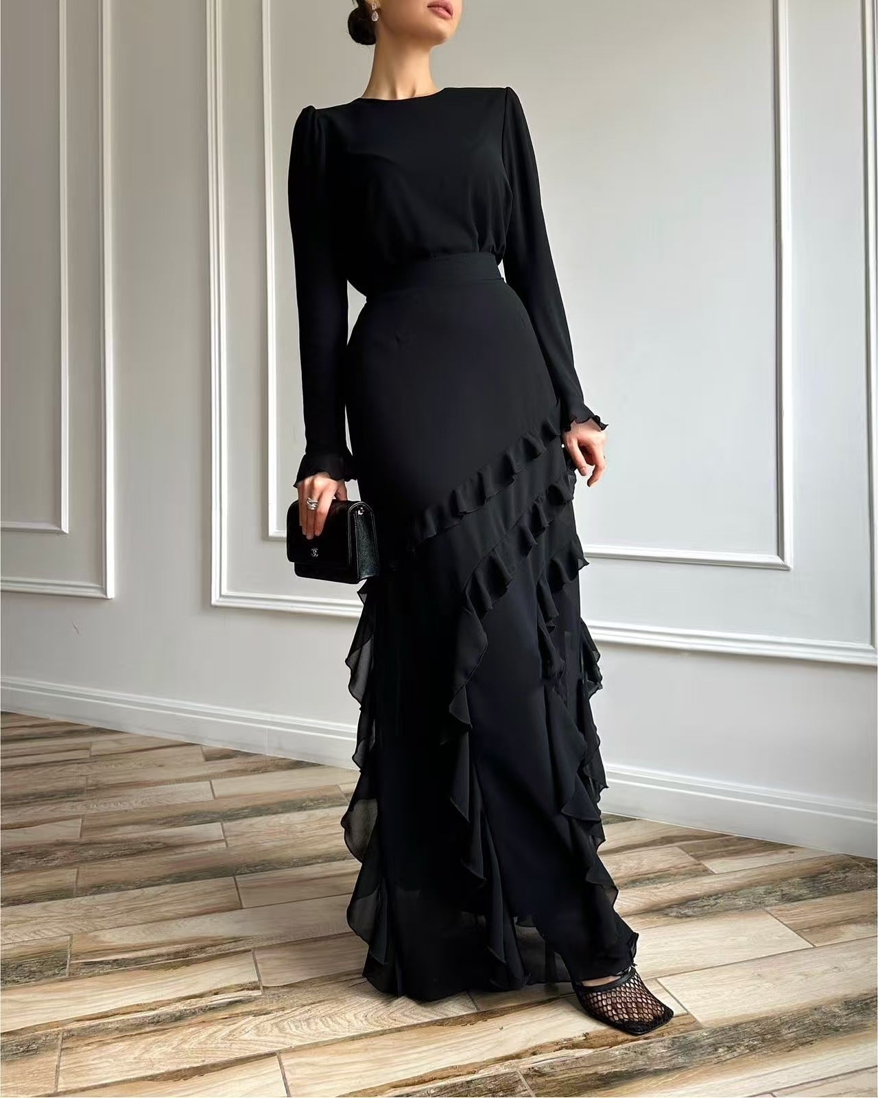 Three-dimensional Ruffled Slim Fit Long Dress Two-piece Set