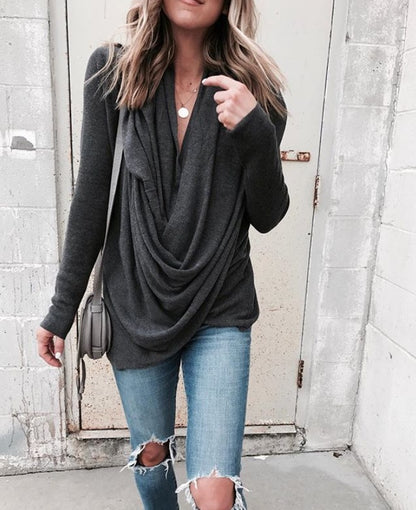 Irregular stacking collar long slim T-shirt