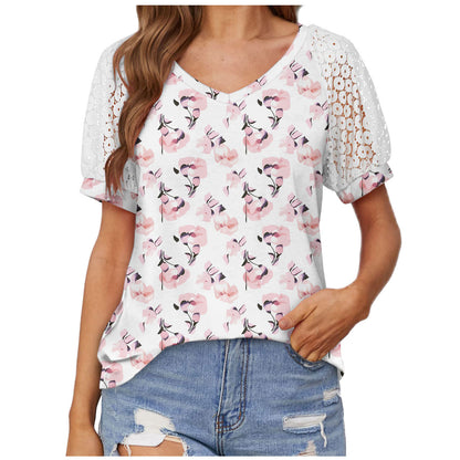 V-neck Lace Stitching Casual T-shirt For Women