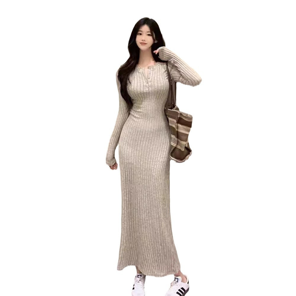 Vintage Long Sleeve Knit Dress Women's  Design Waist-Cinching Elegant V-Neck Long Dress