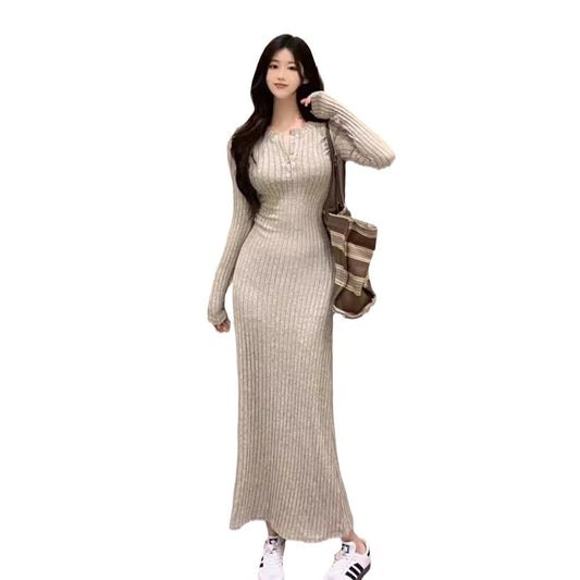Vintage Long Sleeve Knit Dress Women's  Design Waist-Cinching Elegant V-Neck Long Dress