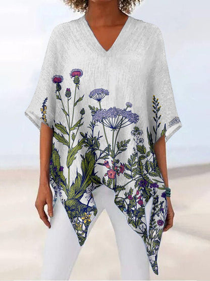 V-neck Printed Long-sleeved Commuter T-shirt