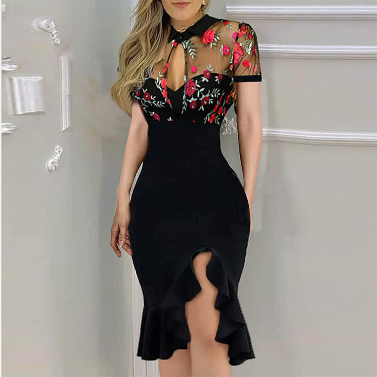 Embroidered Sequin Net Falbala Short Sleeve Dress