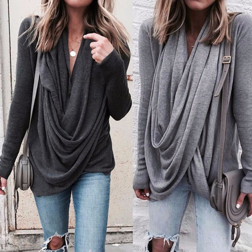 Irregular stacking collar long slim T-shirt