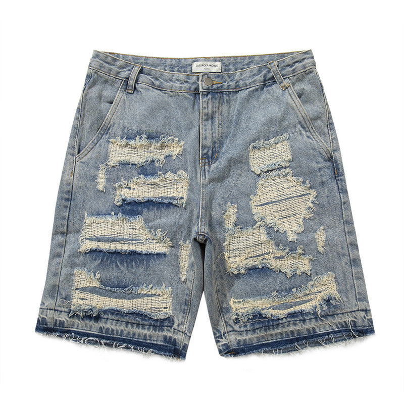 Fashion Washed Frayed Patch Denim Shorts