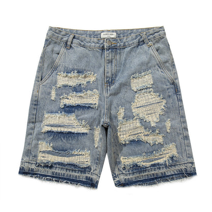 Fashion Washed Frayed Patch Denim Shorts