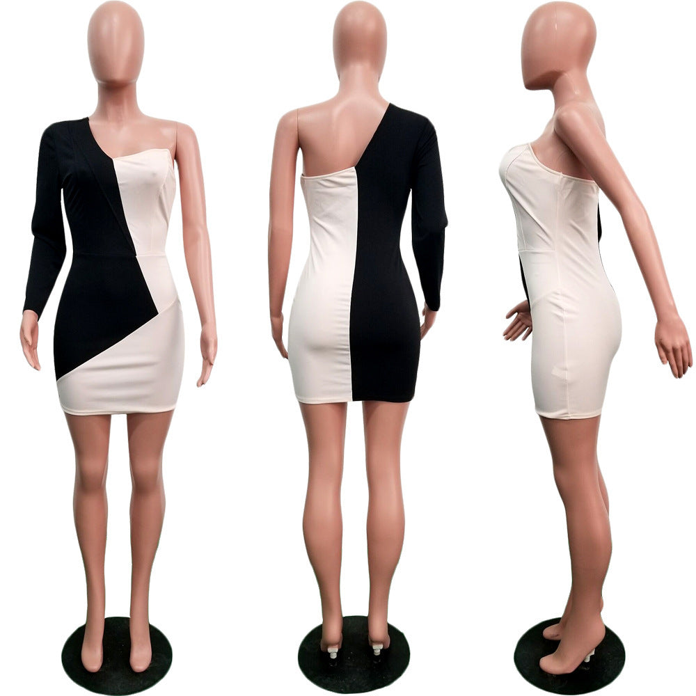 Stitching Contrast Color Asymmetric Long Sleeve Slim Fit Sexy Dress