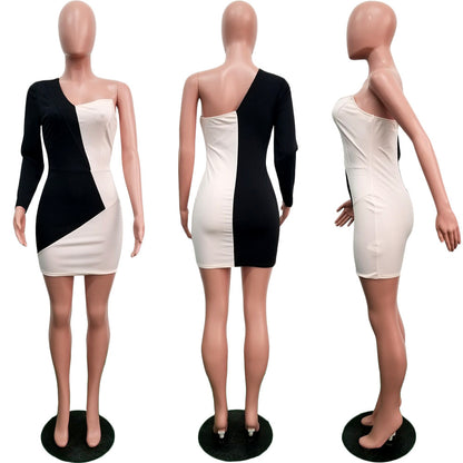 Stitching Contrast Color Asymmetric Long Sleeve Slim Fit Sexy Dress