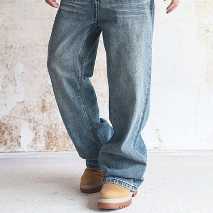 Heavy Water Washed Old Straight Leg Jeans For Men, Khaki