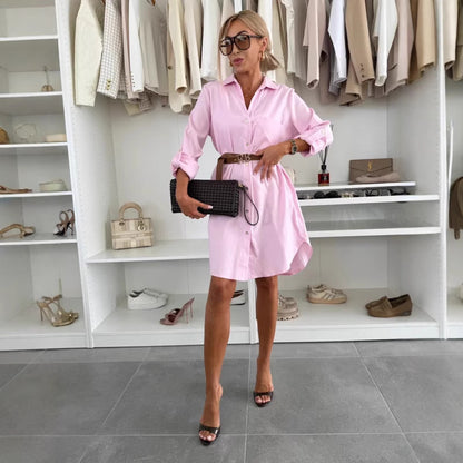Summer Fashion All-matching Shirt With Belt Casual Midi Dress