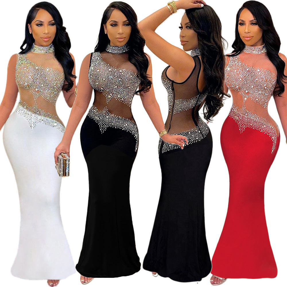 See-through Rhinestone Sleeveless Women's Nightclub Evening Dress