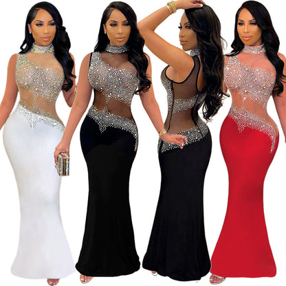 See-through Rhinestone Sleeveless Women's Nightclub Evening Dress