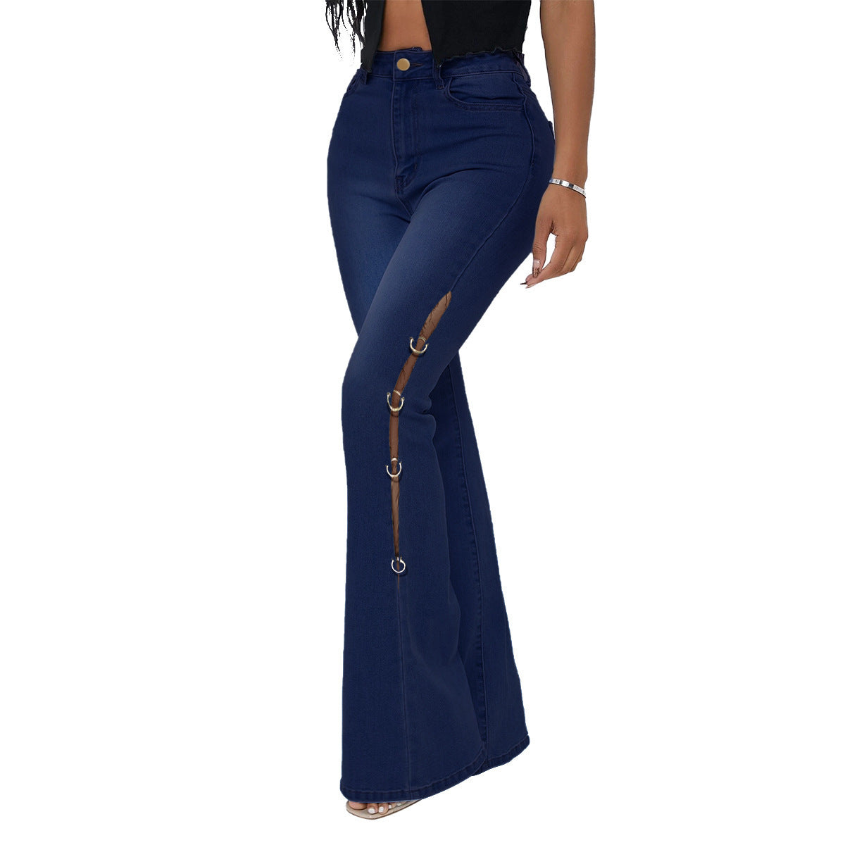 Denim Flared Pants With Metal Decoration
