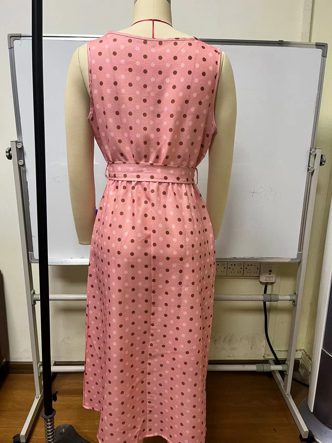 Sleeveless Round Neck Tied Polka Dot Dress