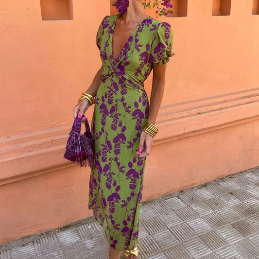 Summer V-neck Short-sleeved Dress Fashion Flowers Printed Slim Beach Dresses For Women Clothing