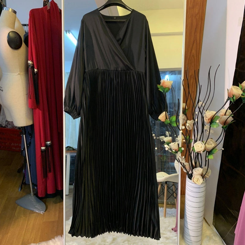 New Fashion V-Neck Stitching Pleated Big Swing Slim Dress