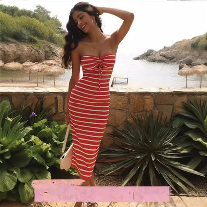 Striped Chest Wrap Hollow Sheath Pencil Dress