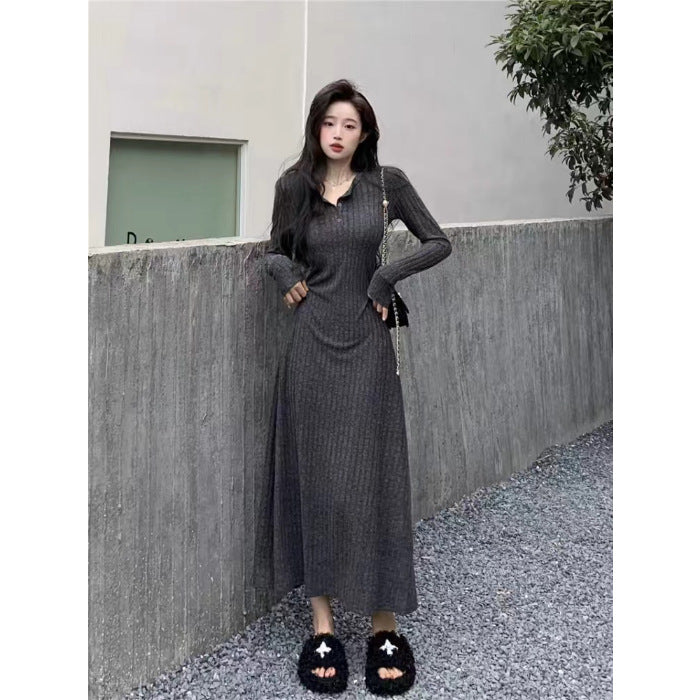 Vintage Long Sleeve Knit Dress Women's  Design Waist-Cinching Elegant V-Neck Long Dress